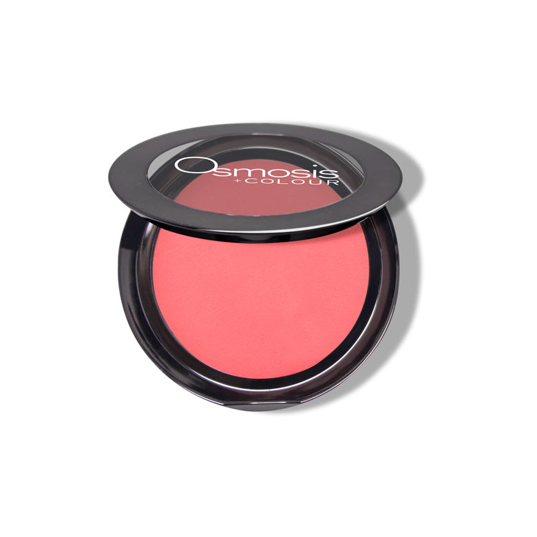 Osmosis Beauty Blush in Tulip shade, showcasing a soft pink hue in a compact with a smooth texture.