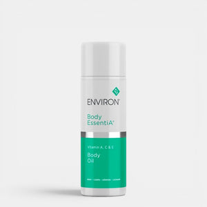 Environ Vitamin A, C & E Body Oil bottle with golden cap and clear body, showing the nourishing body care product.