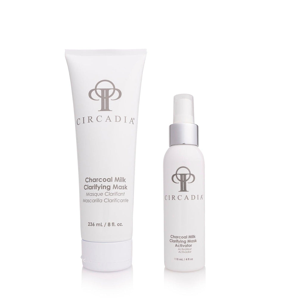 Circadia Charcoal Milk Clarifying Mask and Activator set featuring a black mask and skincare bottles on a white background.