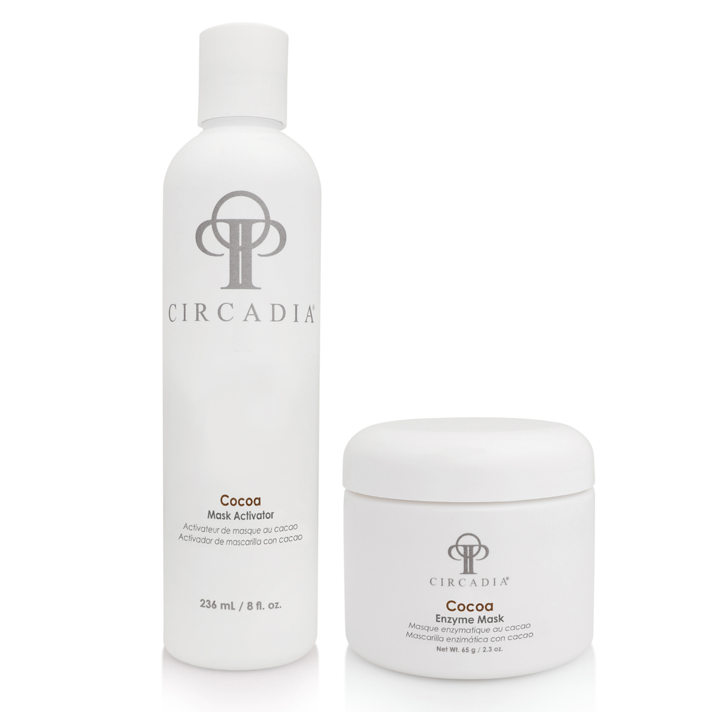 Circadia Cocoa Enzyme Set featuring natural cocoa enzyme products for skin care in a sleek square packaging.