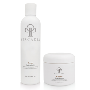 Circadia Cocoa Enzyme Set featuring natural cocoa enzyme products for skin care in a sleek square packaging.