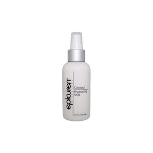 Epicuren Discovery Coconut Hydrating Milk in a 4oz bottle, showcasing creamy texture and coconut imagery for body care.