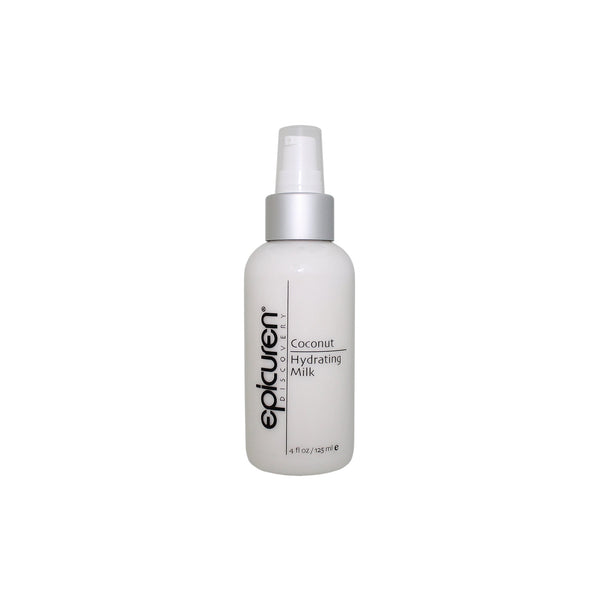 Epicuren Discovery Coconut Hydrating Milk in a 4oz bottle, showcasing creamy texture and coconut imagery for body care.