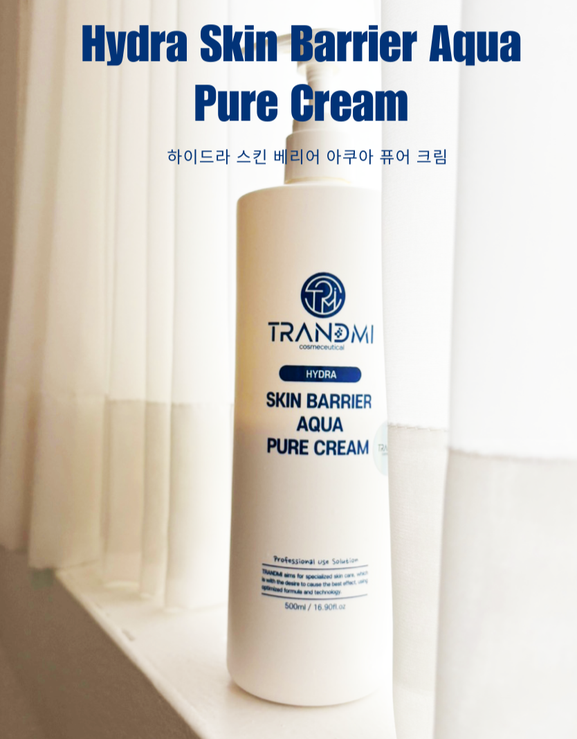 Tov Beauty Trandmi Skin Barrier Aqua Pure Cream 500mL, showcasing a hydrating cream with a moisture shield texture.