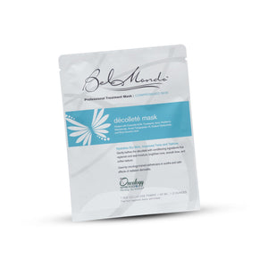 Bel Mondo Beauty Décollete Sheet Mask displayed with a fan, showcasing its packaging and the mask's design.