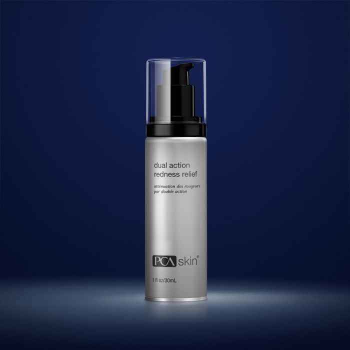 PCA Skin Dual Action Redness Relief serum in a 1 oz bottle, featuring a sleek design with a pump dispenser.