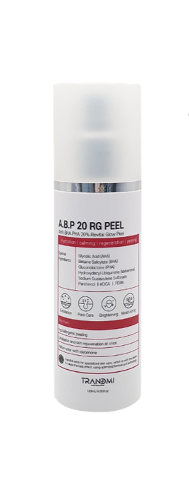 A bottle of Trandmi A.B.P 20 RG Peel, with a white and red label, indicating that it is a brightening peel product.