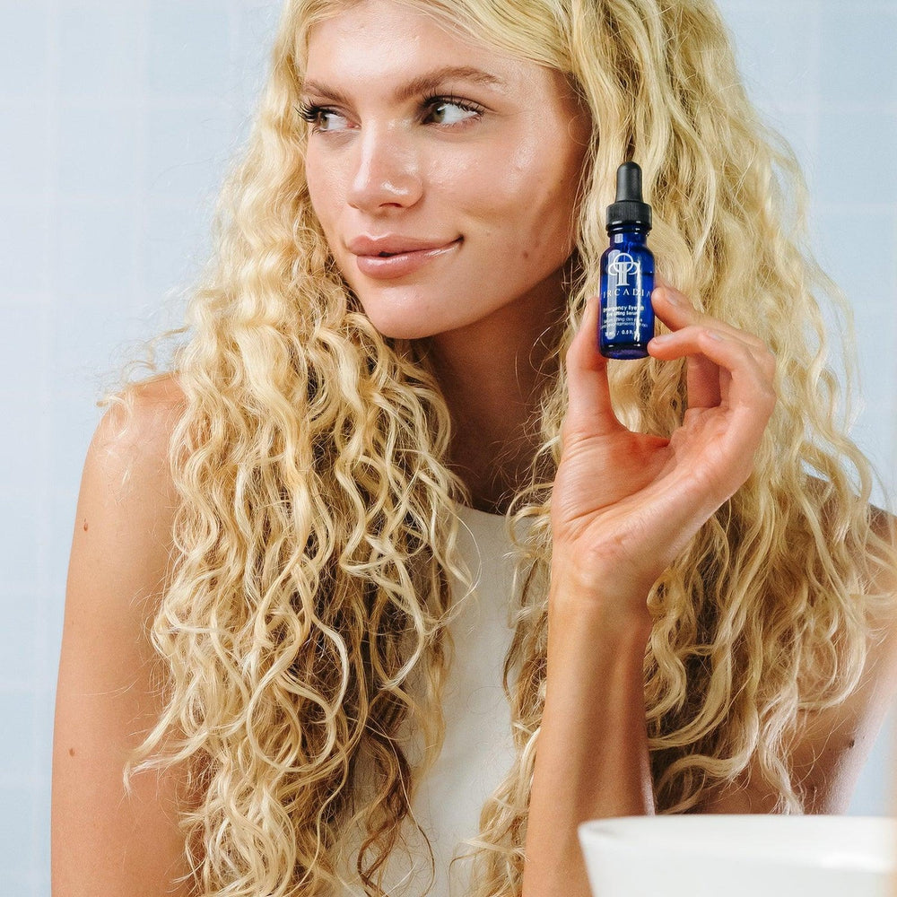 Circadia Emergency Eye Lift gel cleanser in a clear bottle with a white pump, designed to refresh and tighten the eye area.