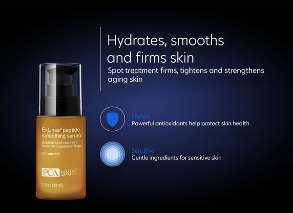 PCA Skin ExLinea Peptide Smoothing Serum in a 1 fl oz bottle, showcasing its sleek design and label details.