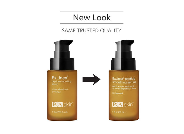 PCA Skin ExLinea Peptide Smoothing Serum bottle with a sleek design, showcasing its 1 fl oz size and label details.