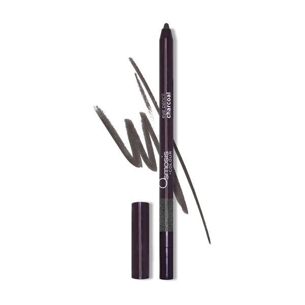 Charcoal swatch of Osmosis Beauty +Colour Eye Pencil on a neutral background, showcasing rich color and smooth texture.