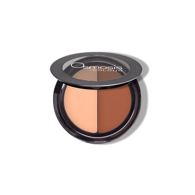 Osmosis Beauty Eye Shadow Duo in Sienna and Dusk, featuring rich, blendable colors in a sleek compact.