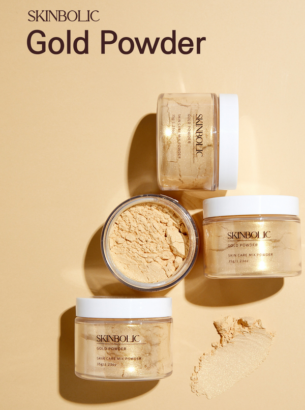 Skinbolic Gold Powder Mask 35g in a jar, showcasing its shimmering gold powder texture for moisturizing skin.