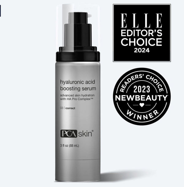 PCA Skin Hyaluronic Acid Boosting Serum 3 oz bottle for eye, neck, and lip hydration against a neutral background.