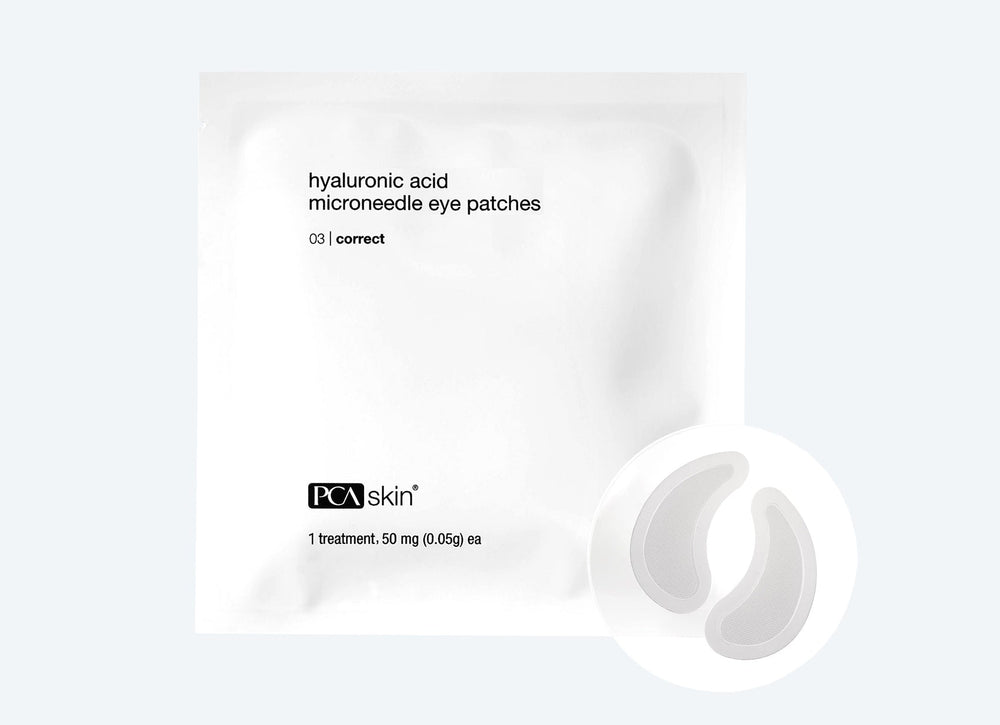 PCA Skin Hyaluronic Acid microneedle eye patches in packaging, designed to hydrate and rejuvenate under-eye skin.
