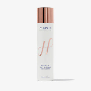 Hydrinity Daily Vitamin C Moisturizer in a sleek jar with a white lid, showcasing a creamy texture.