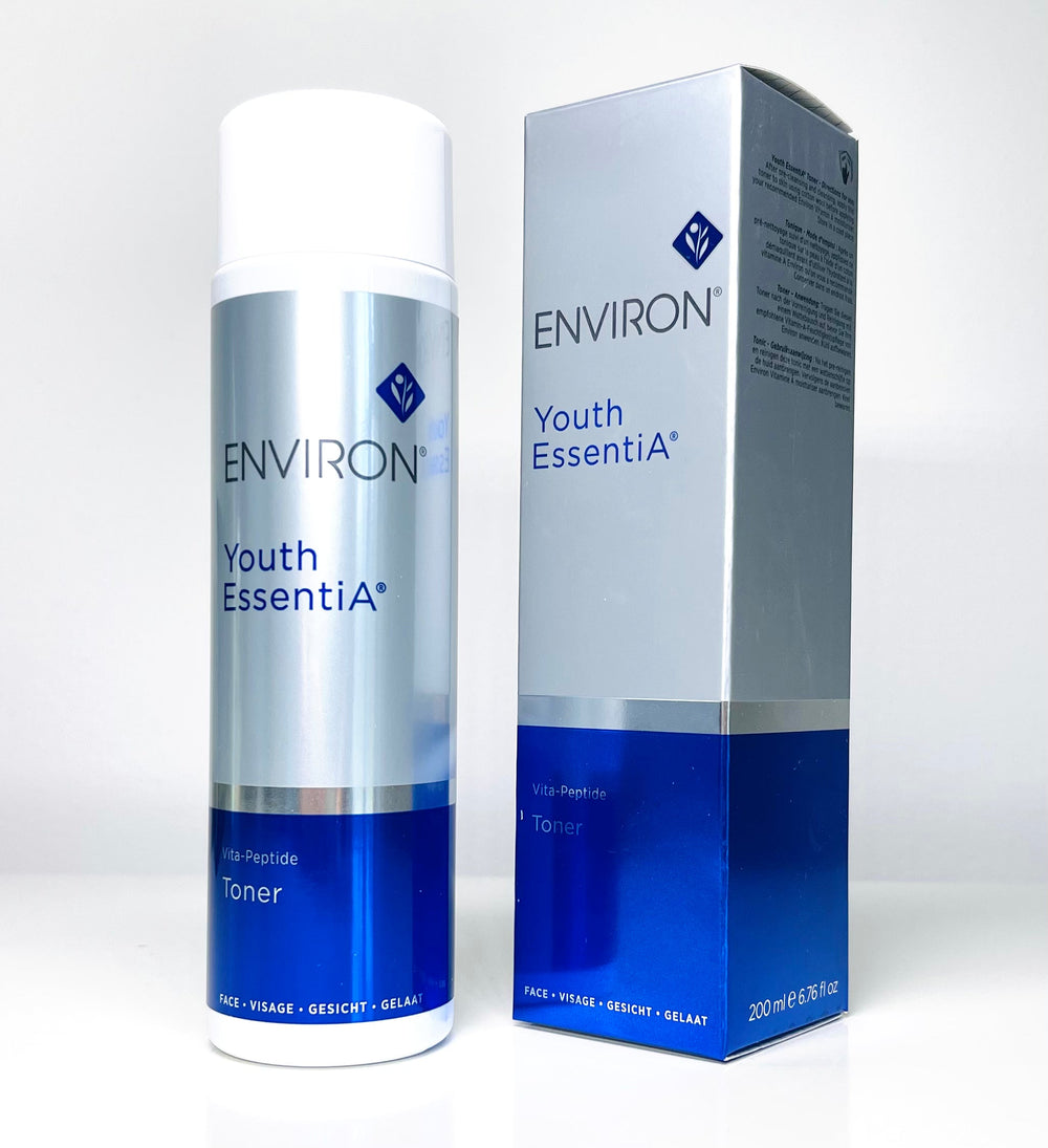 Environ Vita-Peptide Toner from the YOUTH ESSENTIA RANGE in a 200ml bottle, featuring a clear liquid with a sleek design.