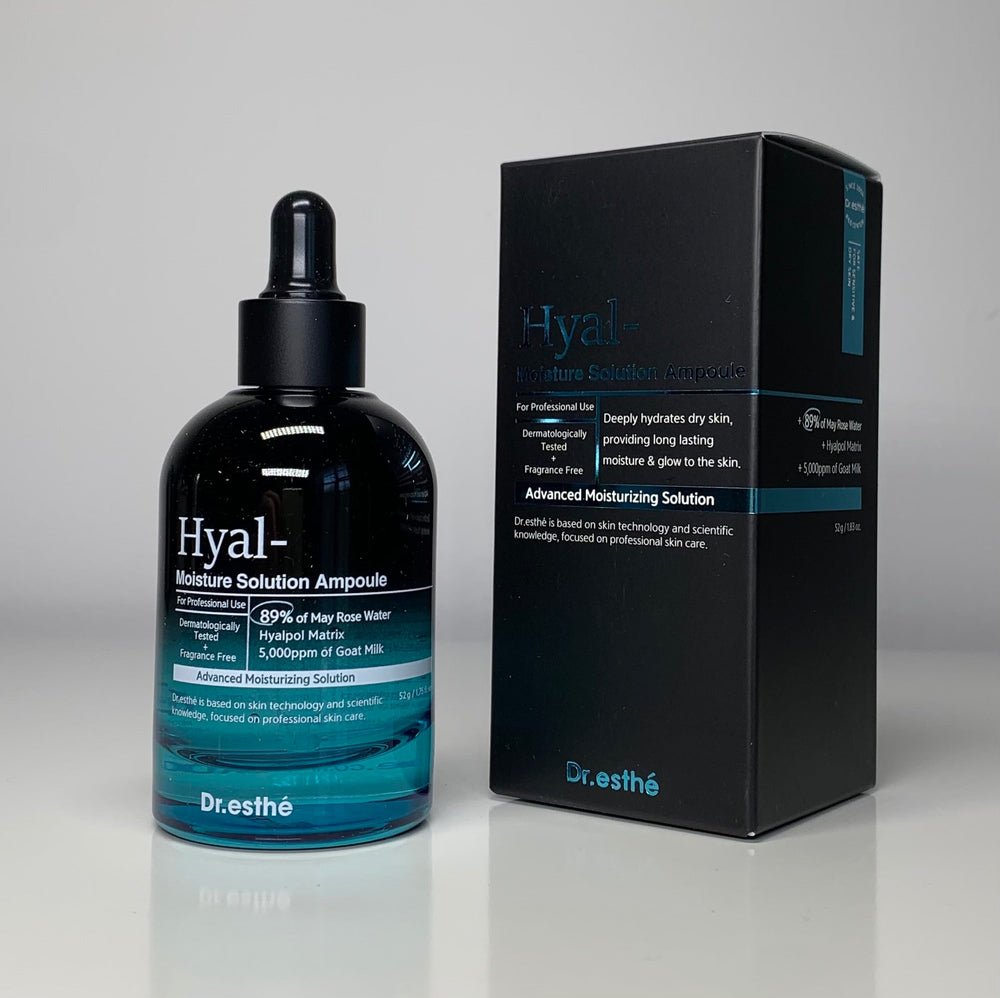 Dr. Esthe Hyal Moisture Solution Ampoule 50ml in a clear bottle, showcasing its hydrating formula for skin moisture.