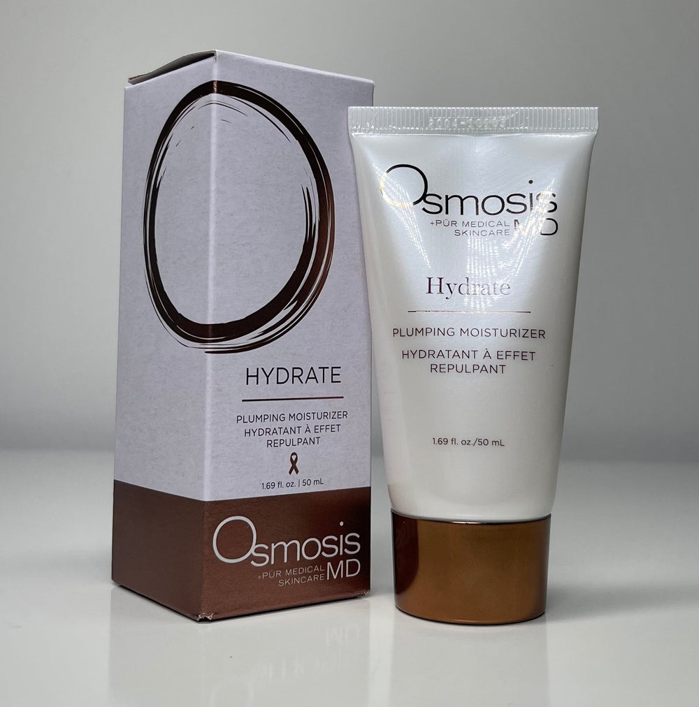 Osmosis Beauty HYDRATE Plumping Moisturizer in a 50mL jar with a smooth, creamy texture for hydration.