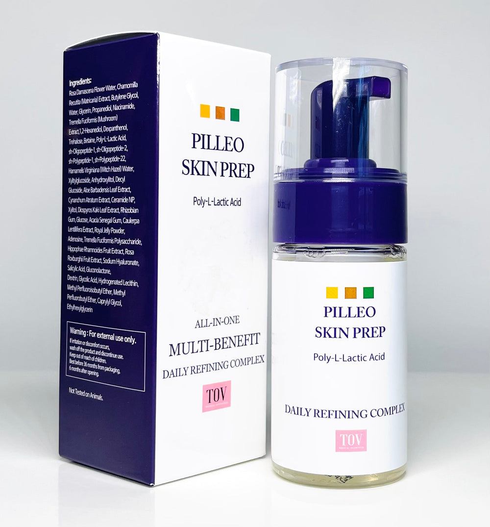 Tov Beauty Hop + Pilleo Skin Prep Daily Treatment Toner with refining complex and free brush on a white background.