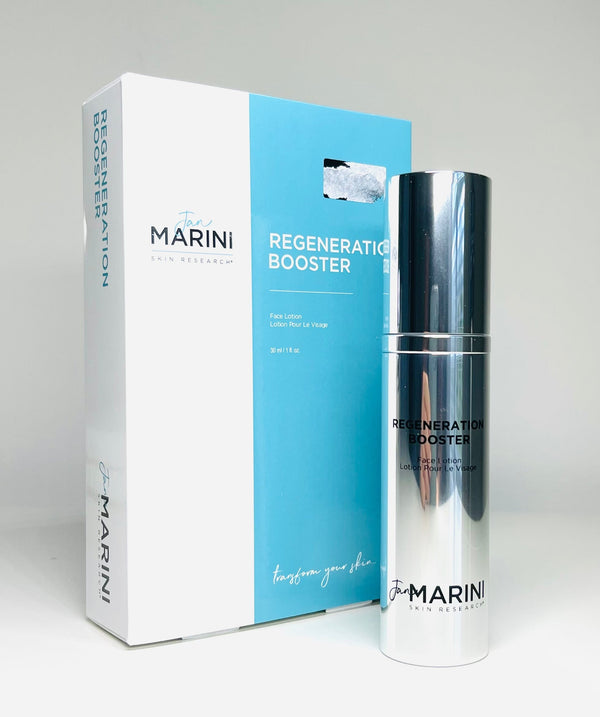 Jan Marini Regeneration Booster face cream in a 1 oz bottle, showcasing a sleek design with a pump dispenser.