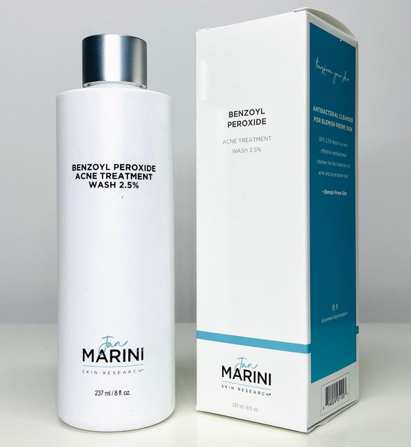 Jan Marini Benzoyl Peroxide 2.5% Wash in a white bottle with a pump, designed for acne treatment.