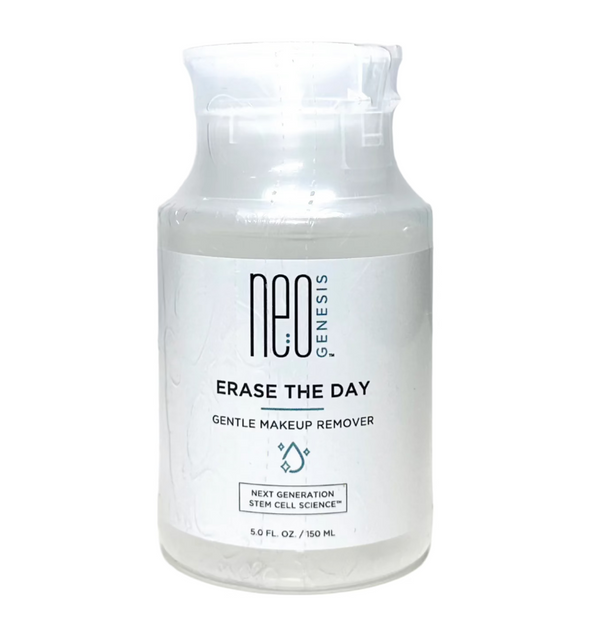 NeoGenesis Erase The Day Gentle Makeup Remover in a sleek bottle with a pump, set against a clean, minimal background.