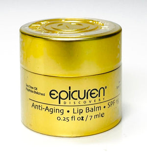 Epicuren Discovery Anti-Aging Lip Balm SPF 15 in a sleek tube, designed for sun protection and hydration.