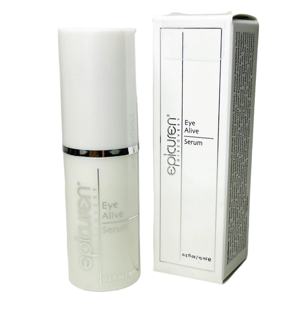 Epicuren Discovery Eye Alive Serum packaging and bottle, white and silver in color, displayed next to the product box.