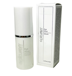 Epicuren Discovery Eye Alive Serum packaging and bottle, white and silver in color, displayed next to the product box.