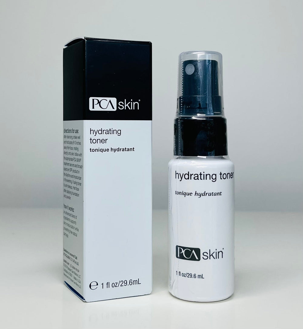 PCA Skin Hydrating Toner Spray 1 fl oz bottle with a sleek design, featuring a fine mist spray nozzle.