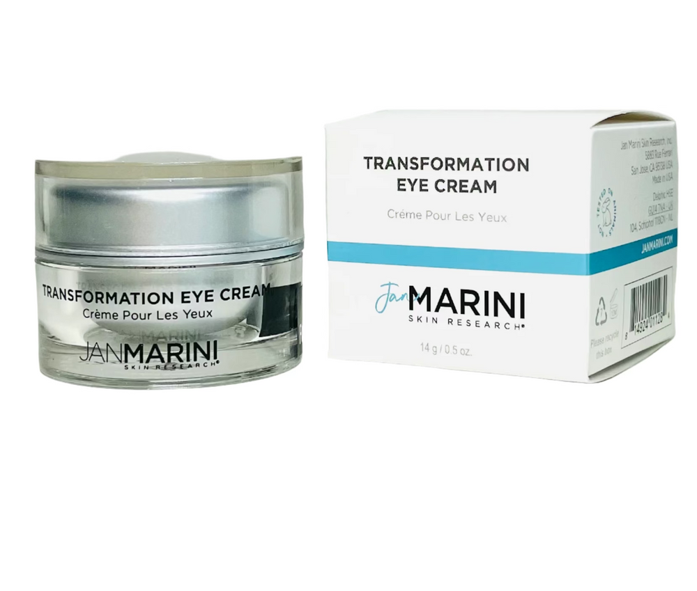 Jan Marini Transformation Eye Cream for dark spots in a cream jar with a sleek design on a light background.