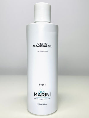 Jan Marini C-ESTA Cleansing Gel in a clear bottle, designed to help reduce dark spots on the skin.