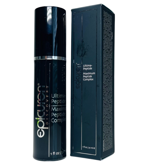 Epicuren Discovery Ultima Maximum Peptide Complex product packaging, featuring a black bottle with white and green label text, and a black box with product details.