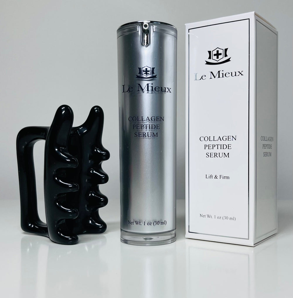 Le Mieux Collagen Peptide Serum in a 30 ml bottle with a free facial massager on a white background.