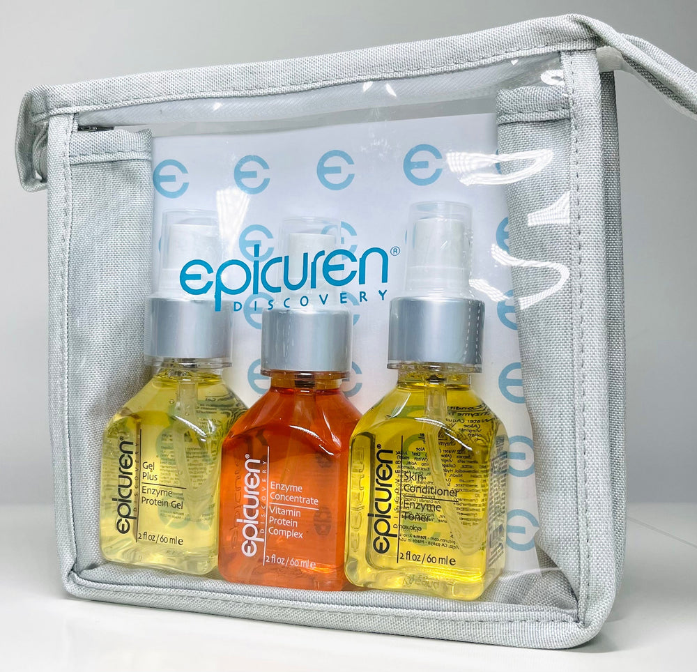 Three bottles of Epicuren Discovery Metadermabolic Protein Enzyme Complex products, including a Skin Conditioner Enzyme Toner, an Enzyme Concentrate Vitamin Protein Complex, and Gel Plus Enzyme Protein Ge, packaged in a clear travel toiletry bag with the brand's logo and product names visible.