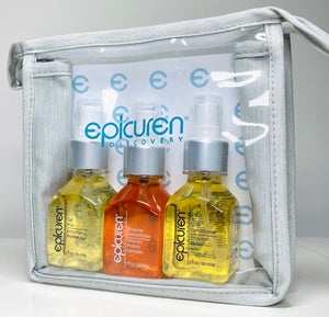 Three bottles of Epicuren Discovery Metadermabolic Protein Enzyme Complex products, including a Skin Conditioner Enzyme Toner, an Enzyme Concentrate Vitamin Protein Complex, and Gel Plus Enzyme Protein Ge, packaged in a clear travel toiletry bag with the brand's logo and product names visible.