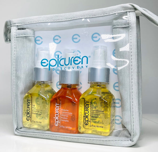 Three bottles of Epicuren Discovery Metadermabolic Protein Enzyme Complex products, including a Skin Conditioner Enzyme Toner, an Enzyme Concentrate Vitamin Protein Complex, and Gel Plus Enzyme Protein Ge, packaged in a clear travel toiletry bag with the brand's logo and product names visible.