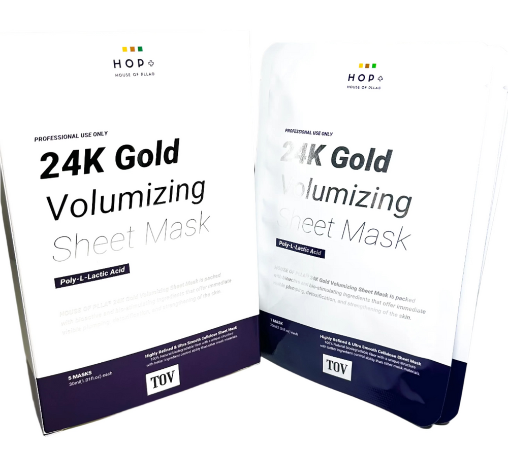 TOV House of PLLA 24k Gold Volumizing Sheet Mask, with information and branding visible on the front.