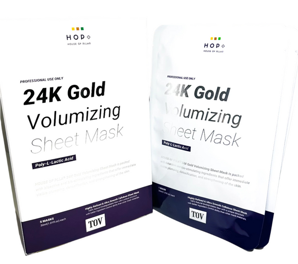 TOV House of PLLA 24k Gold Volumizing Sheet Mask, with information and branding visible on the front.
