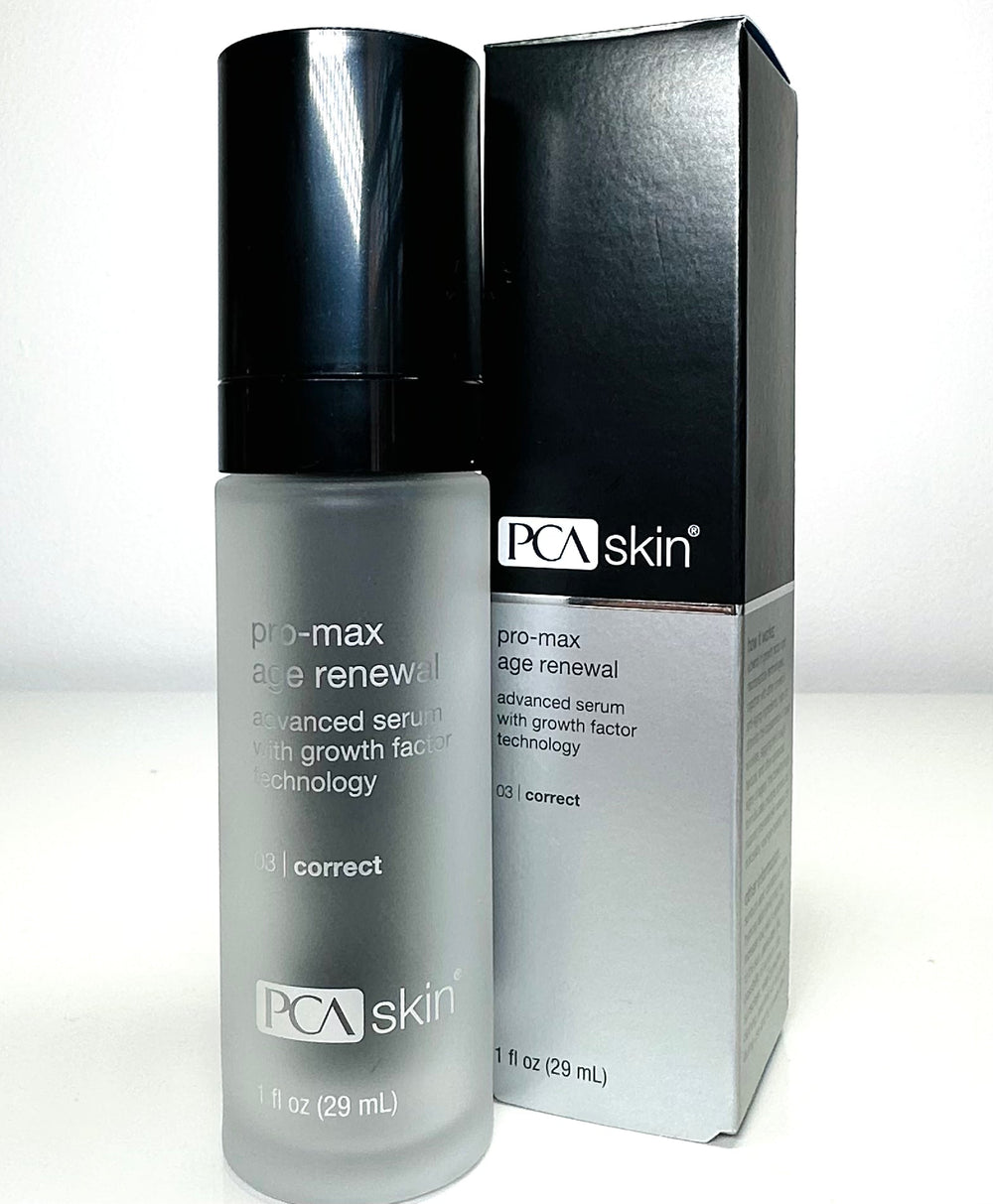 PCA Skin Pro-Max Age Renewal Serum in a 1 FL OZ bottle with a dropper, featuring a clear serum texture.