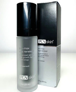 PCA Skin Pro-Max Age Renewal Serum in a 1 FL OZ bottle with a dropper, featuring a clear serum texture.