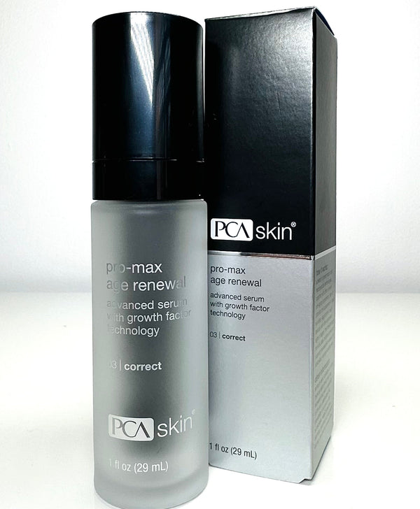 PCA Skin Pro-Max Age Renewal Serum in a 1 FL OZ bottle with a dropper, featuring a clear serum texture.