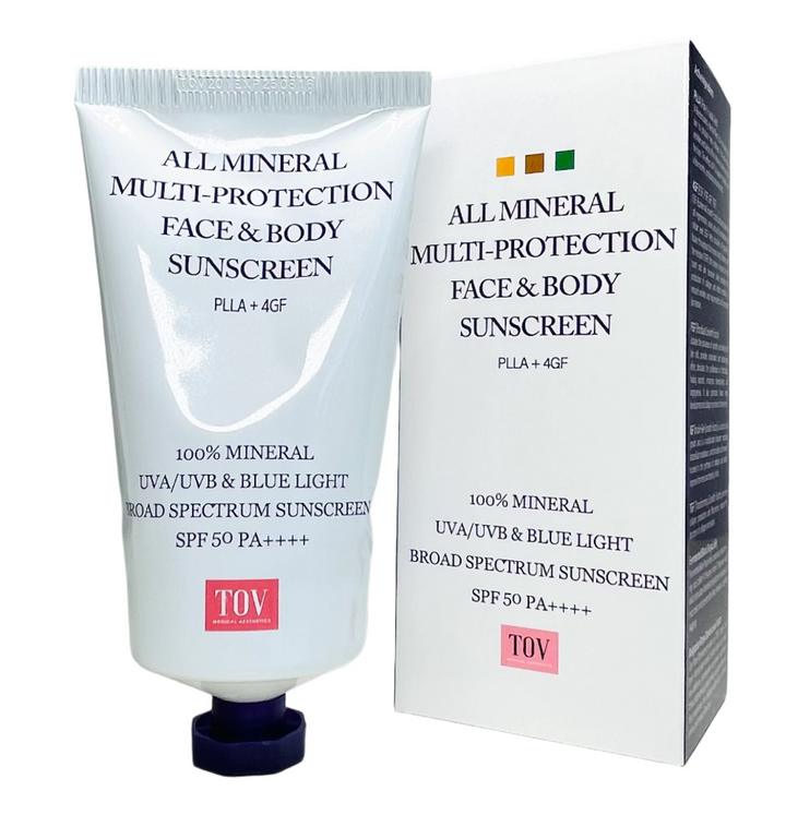 TOV All Mineral Multi-Protection Face & Body Sunscreen in a 50ml tube, showcasing packaging and label details.