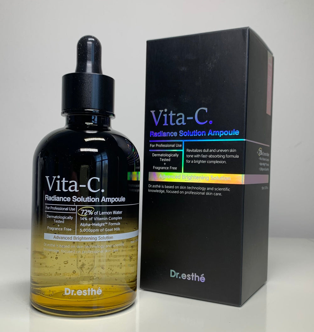 Dr. Esthe Vita-C Radiance Solution Ampoule in a 150ml bottle, showcasing its vibrant packaging and serum texture.