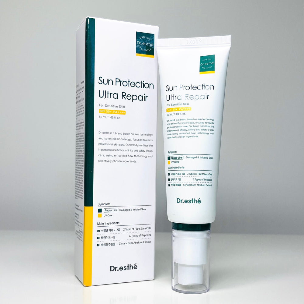 Dr. Esthe Sun Protection Ultra Repair 50ml bottle with a sleek design, featuring sun protection and skincare benefits.