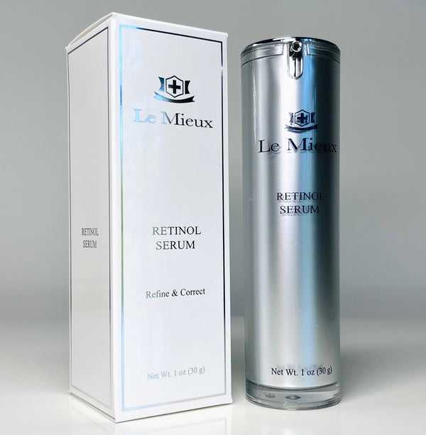 Le Mieux Anti Aging Retinol Serum with skin smoothing peptides in a sleek bottle on a neutral background.