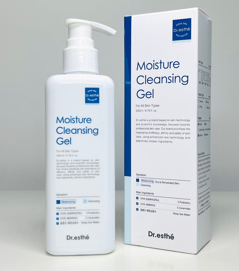 Dr. Esthe Moisture Cleansing Gel 200 ml bottle on a white background, showcasing its sleek design and label details.