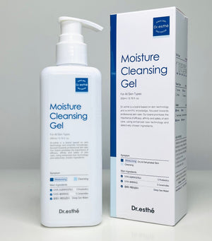 Dr. Esthe Moisture Cleansing Gel in a 200 ml bottle with a clear gel texture, shown against a neutral background.
