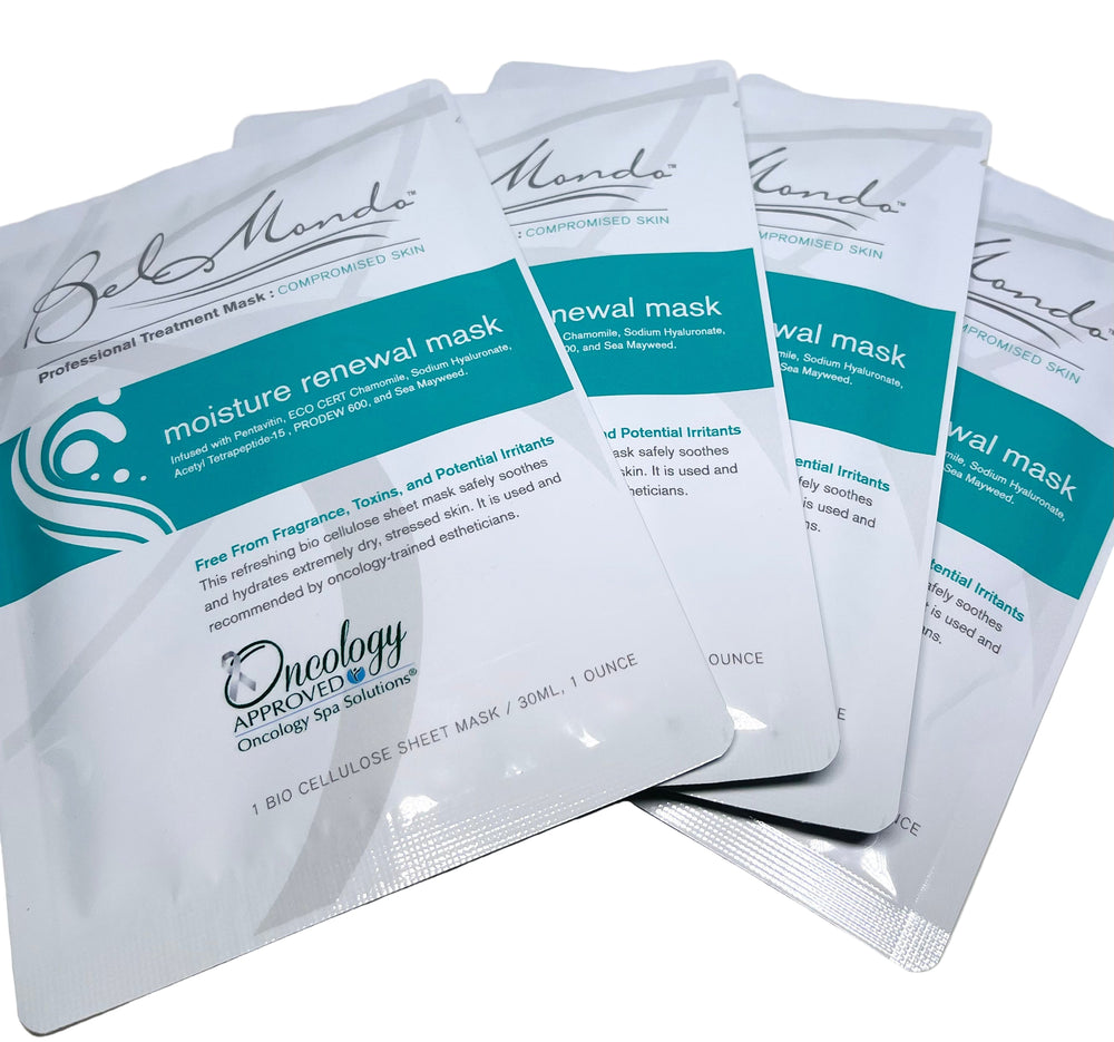 Bel Mondo Beauty Moisture Renewal Mask in packaging, showcasing four sheet masks for hydration and skin rejuvenation.